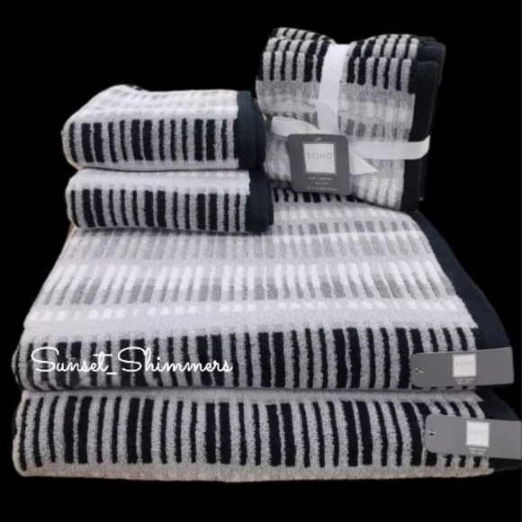 8pc Soho Living 2 Bath 2 Hand 4 Washcloth Towel Set Black White Gray Stripes New - Picture 1 of 9